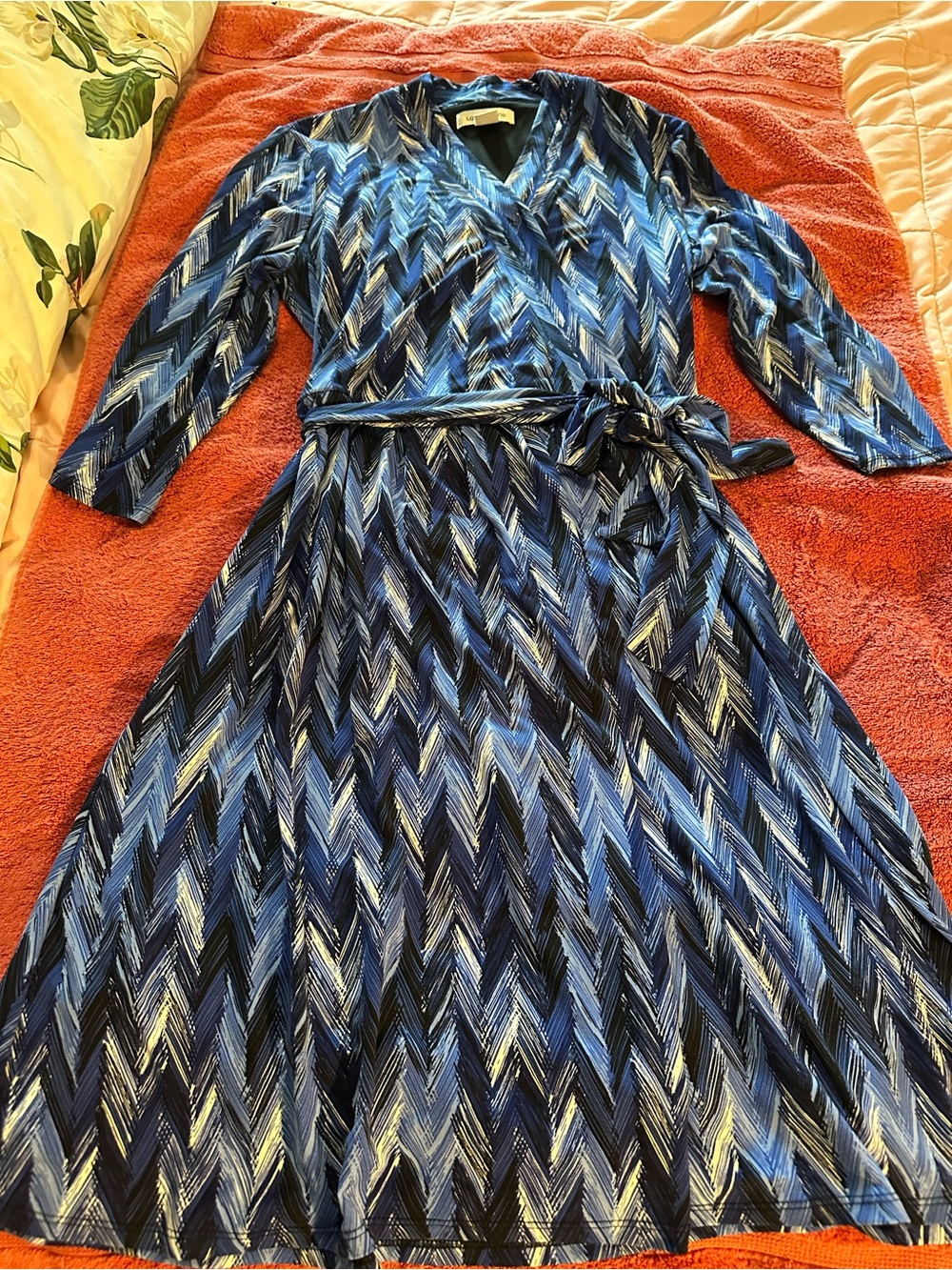 Liz Claiborne Navy and Blue Chevron Wrap Midi Dress